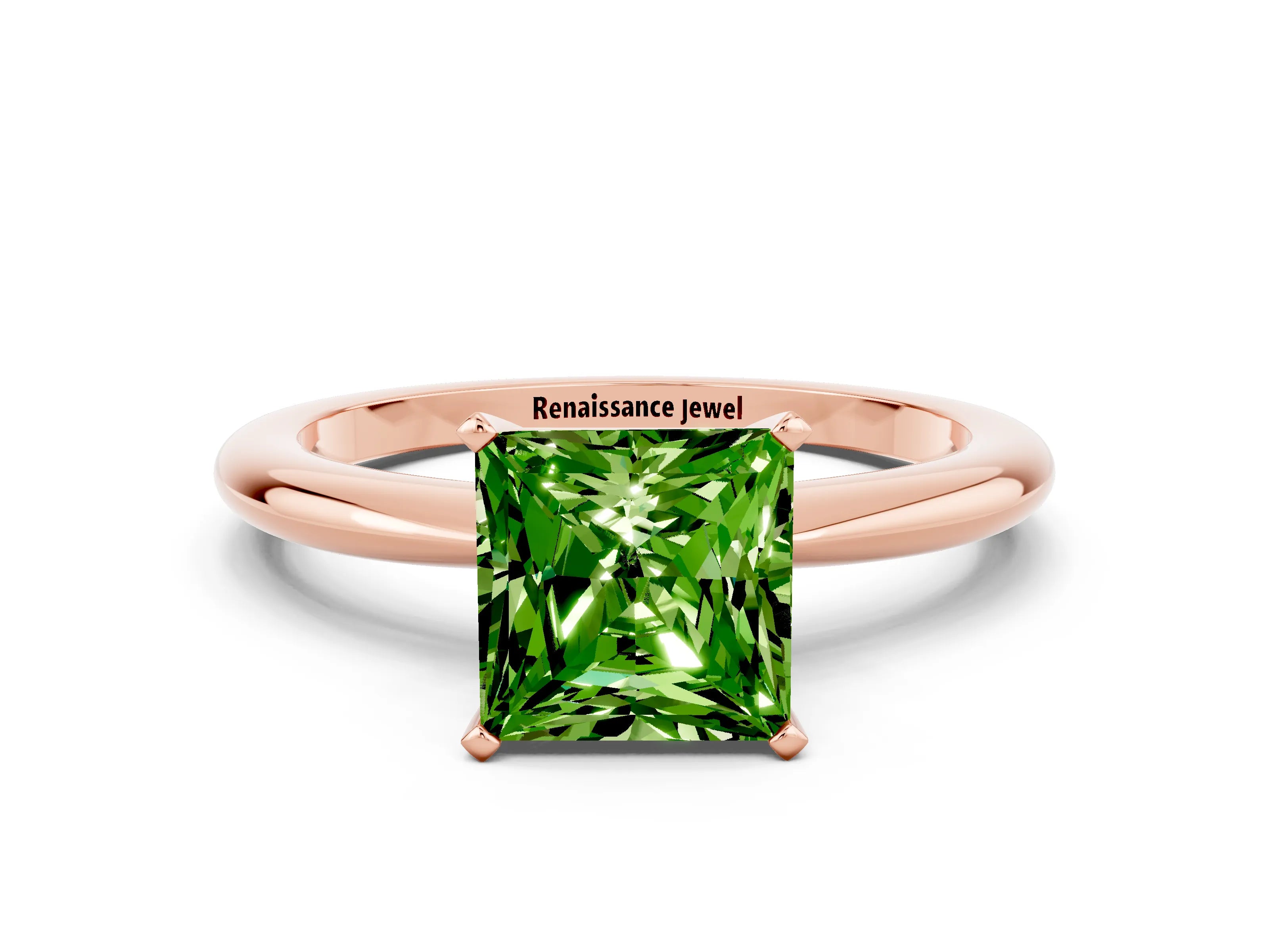 Rose gold Princess Cut Peridot Solitaire Ring with Six-Prong Setting and Classic Band