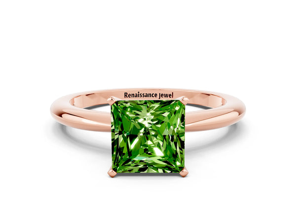 Rose gold Princess Cut Peridot Solitaire Ring with Six-Prong Setting and Classic Band