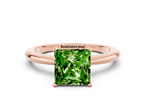 Rose gold Princess Cut Peridot Solitaire Ring with Six-Prong Setting and Classic Band