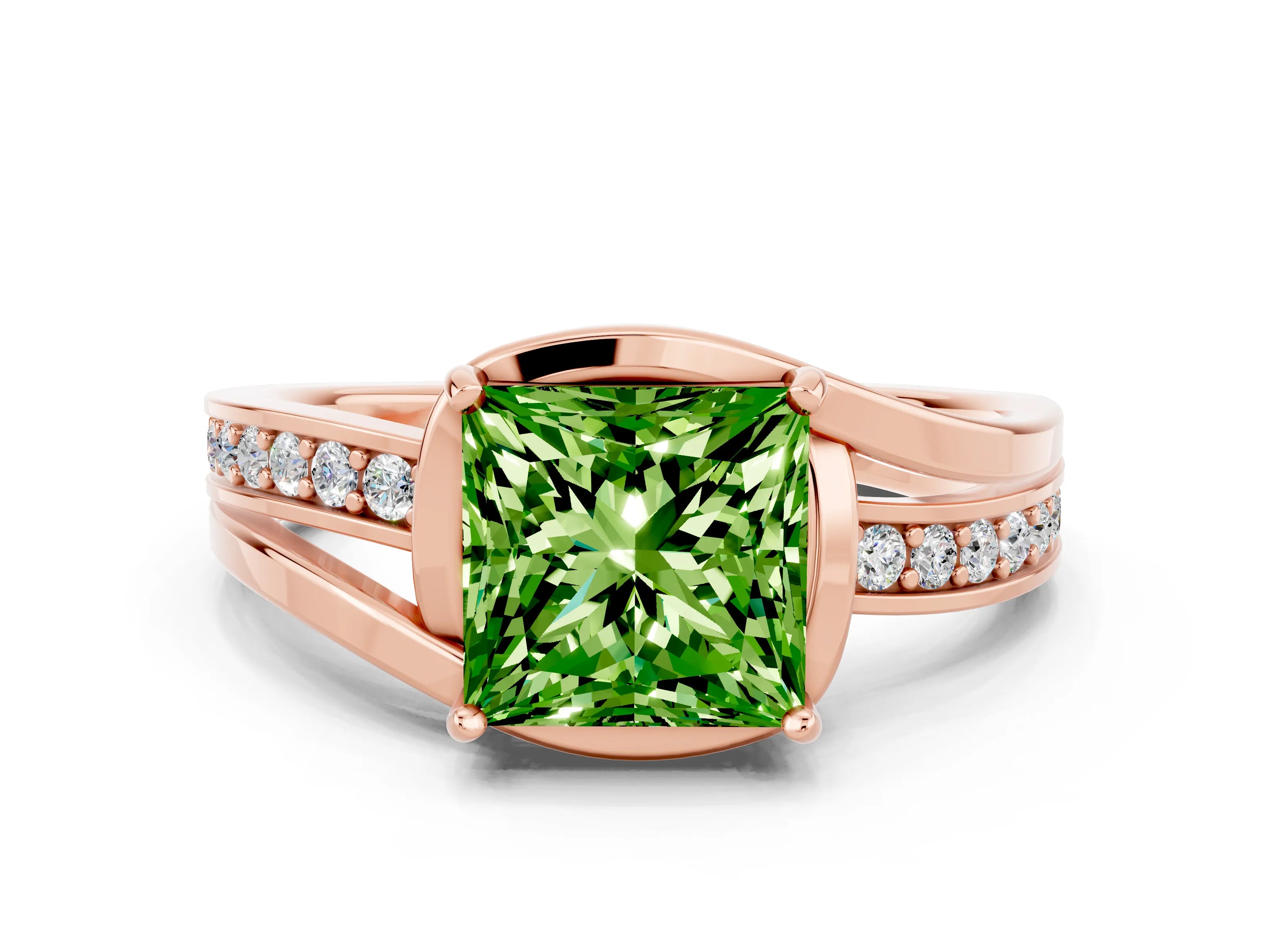 Rose gold Princess Cut Peridot Solitaire Ring with Split Shank and Prong Setting