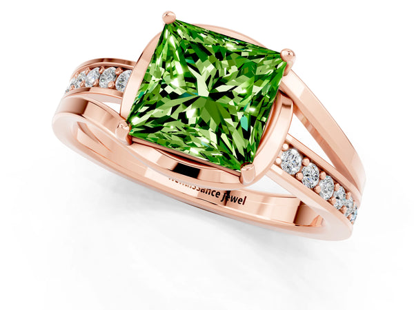Rose gold Princess Cut Peridot Solitaire Ring with Split Shank and Prong Setting