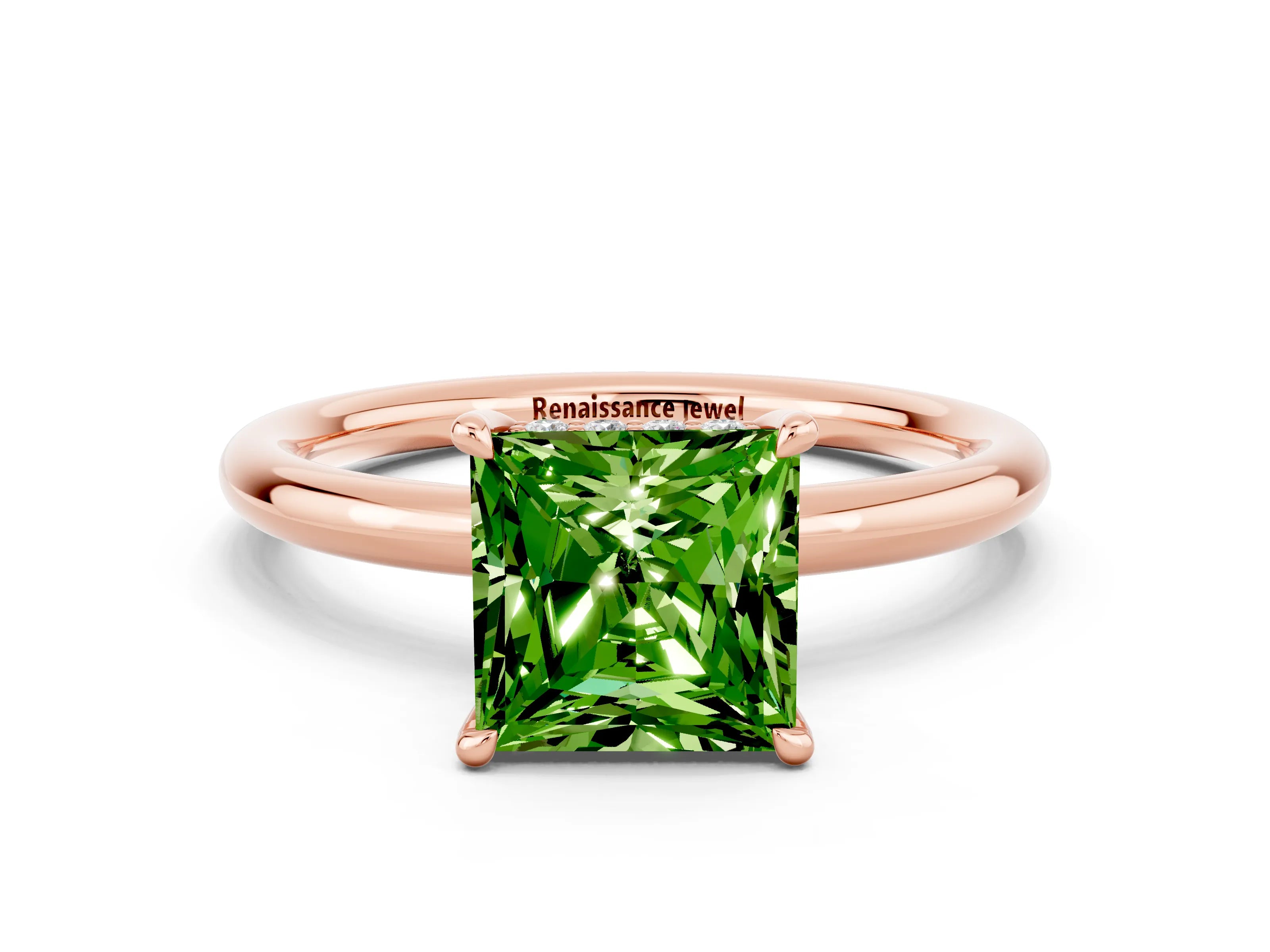 Rose gold Princess Cut Peridot Solitaire Ring with Thin Band and Four-Prong Setting