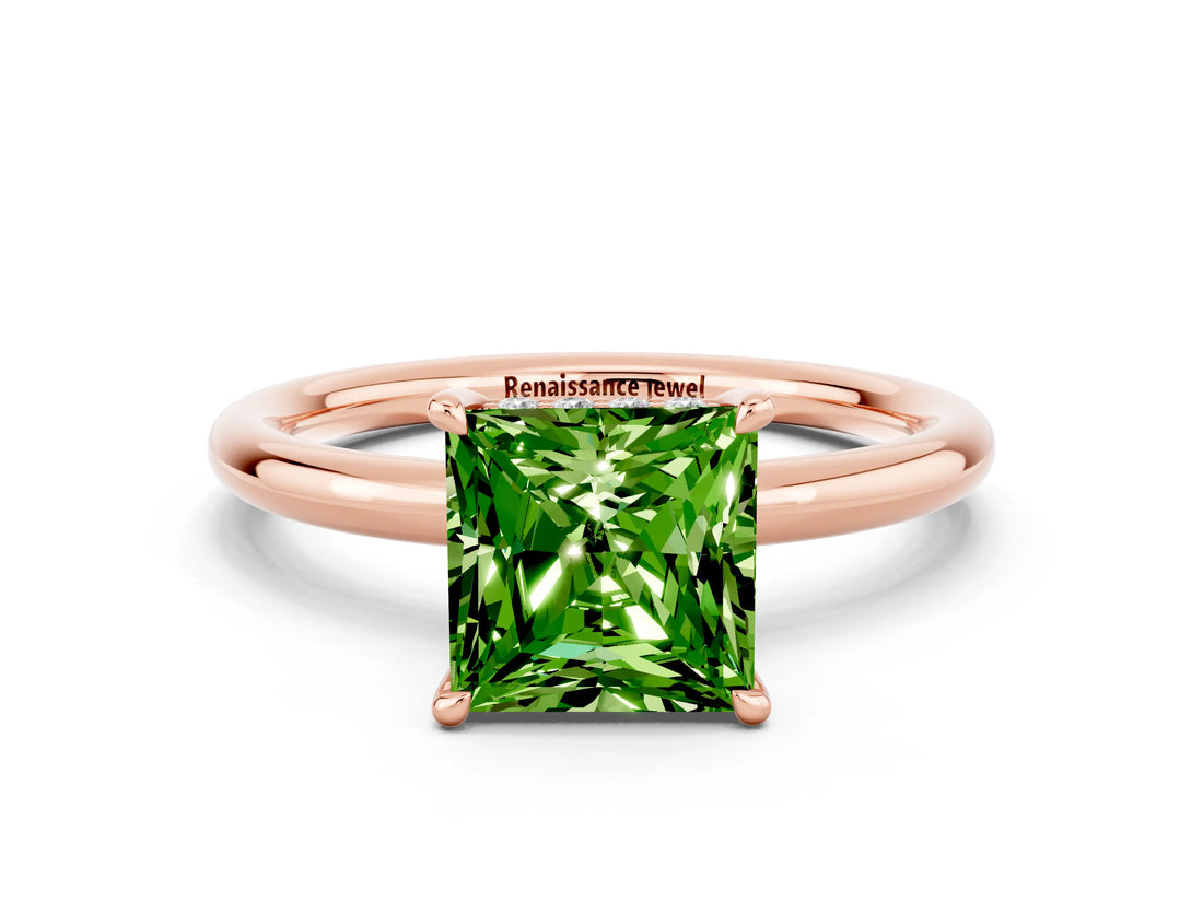 Rose gold Princess Cut Peridot Solitaire Ring with Thin Band and Four-Prong Setting
