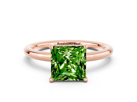 Rose gold Princess Cut Peridot Solitaire Ring with Thin Band and Four-Prong Setting
