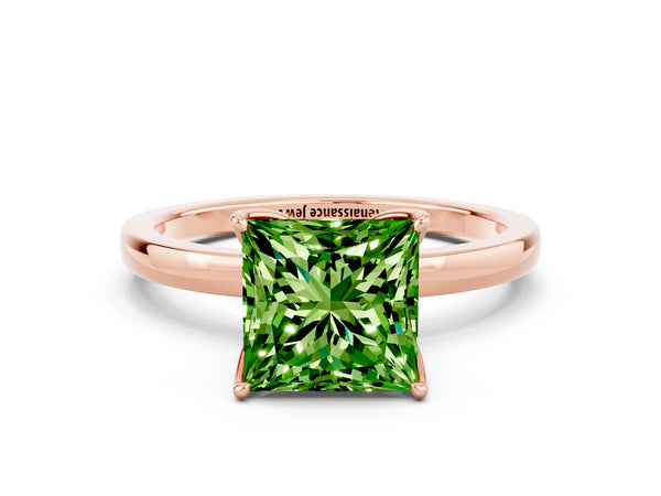 Rose gold Princess Cut Peridot Solitaire Ring with Thin Band and Prong Setting