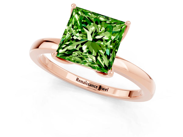 Rose gold Princess Cut Peridot Solitaire Ring with Thin Band and Prong Setting