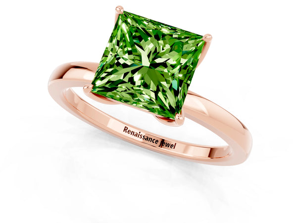 Rose gold Princess Cut Peridot Solitaire Ring with Thin Band and Prong Setting