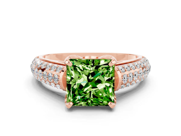 Rose gold Princess Cut Peridot Solitaire Ring with Three-Row Pavé Band and Four-Prong Setting