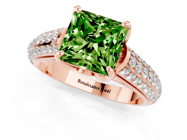 Rose gold Princess Cut Peridot Solitaire Ring with Three-Row Pavé Band and Four-Prong Setting