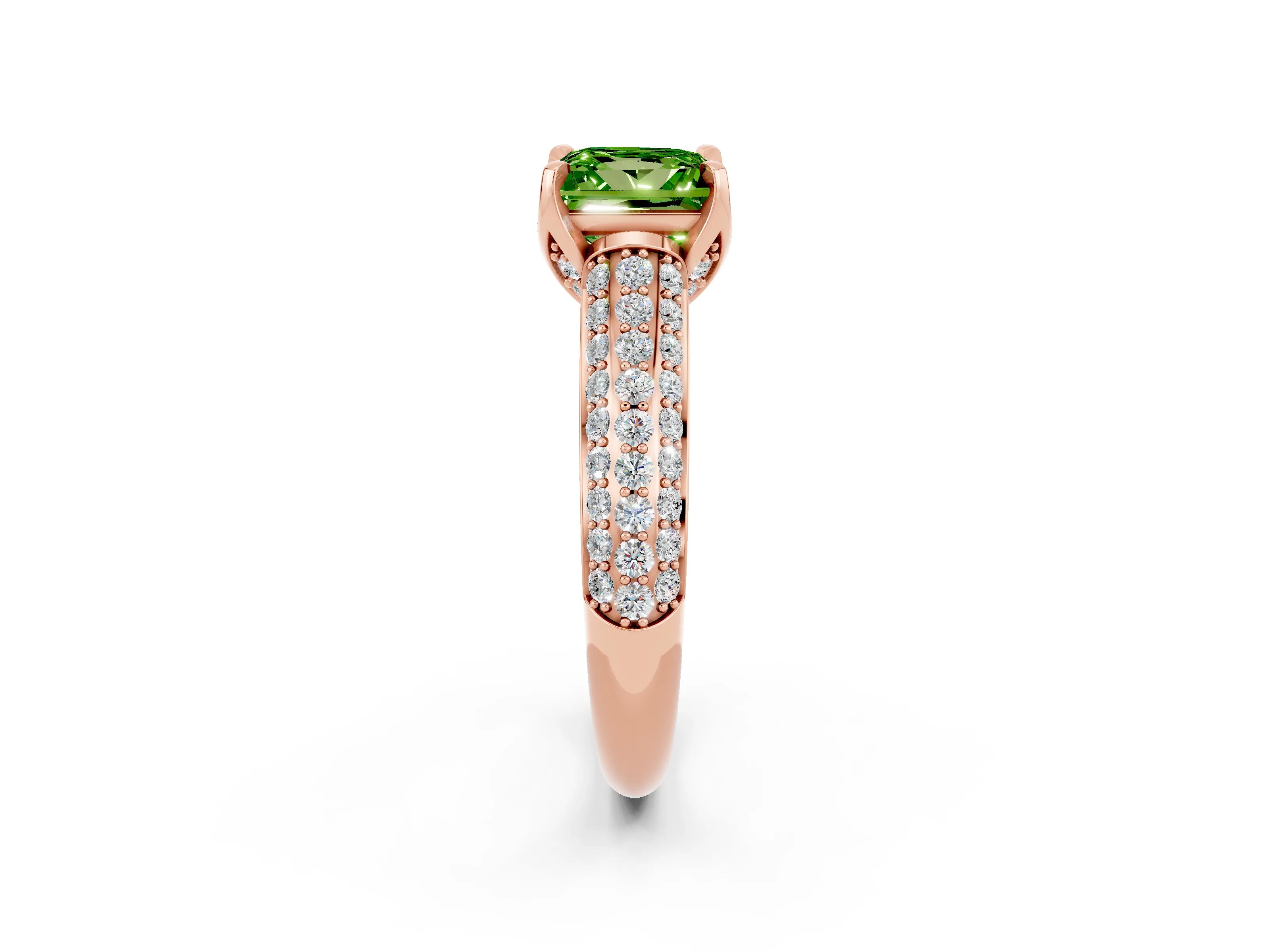 Rose gold Princess Cut Peridot Solitaire Ring with Three-Row Pavé Band and Four-Prong Setting_14