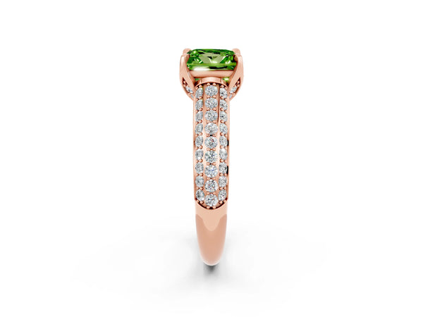 Rose gold Princess Cut Peridot Solitaire Ring with Three-Row Pavé Band and Four-Prong Setting