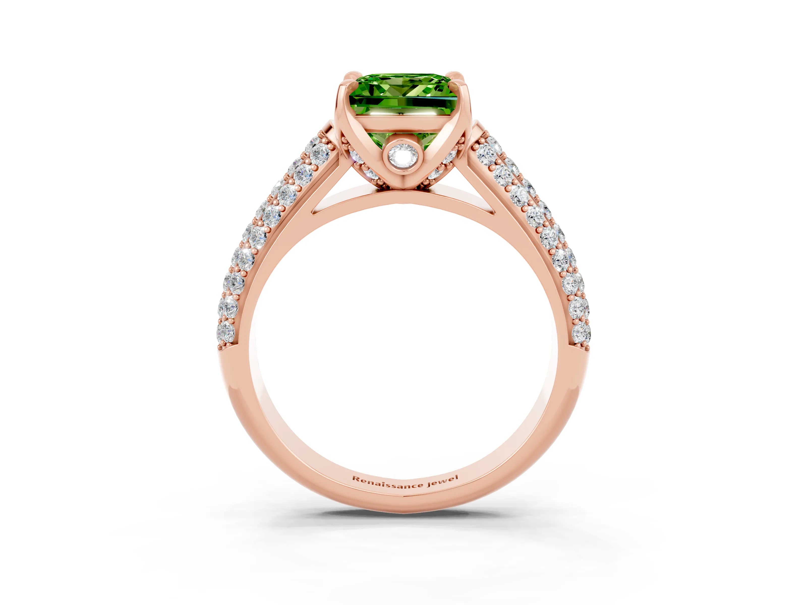 Rose gold Princess Cut Peridot Solitaire Ring with Three-Row Pavé Band and Four-Prong Setting_15