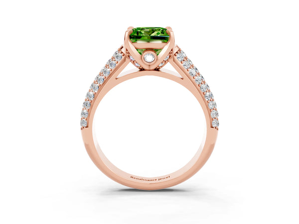 Rose gold Princess Cut Peridot Solitaire Ring with Three-Row Pavé Band and Four-Prong Setting