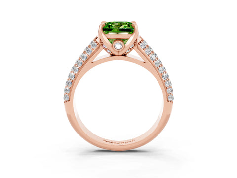 Rose gold Princess Cut Peridot Solitaire Ring with Three-Row Pavé Band and Four-Prong Setting_15