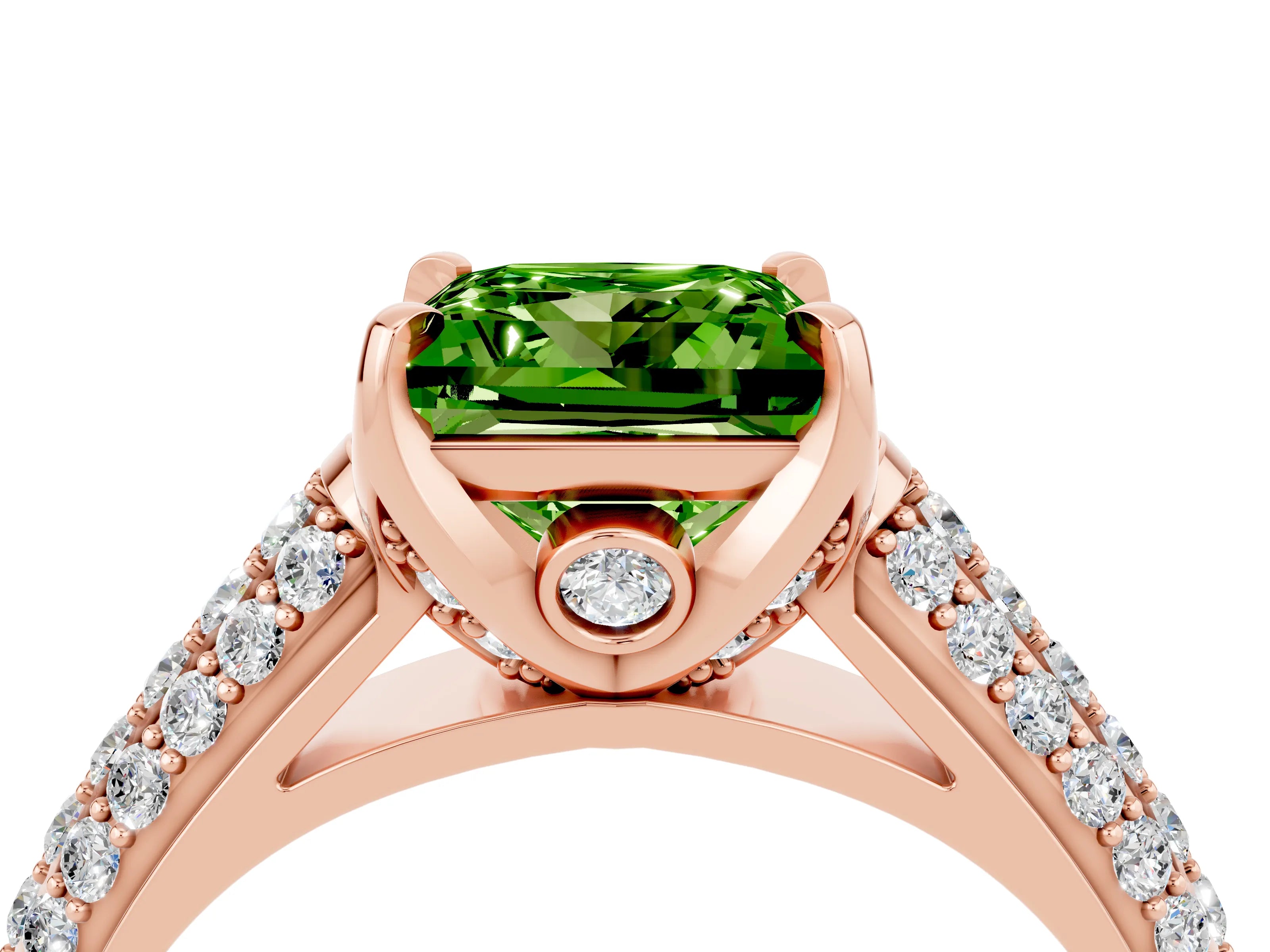 Rose gold Princess Cut Peridot Solitaire Ring with Three-Row Pavé Band and Four-Prong Setting_16
