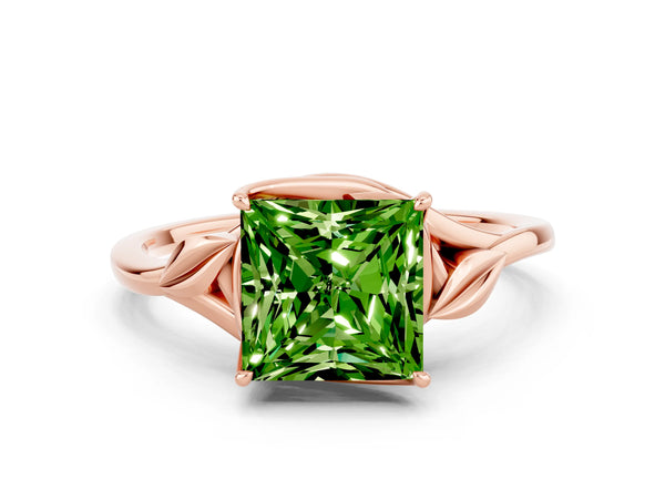 Rose gold Princess Cut Peridot Solitaire Ring with Twist Band and Four-Prong Setting