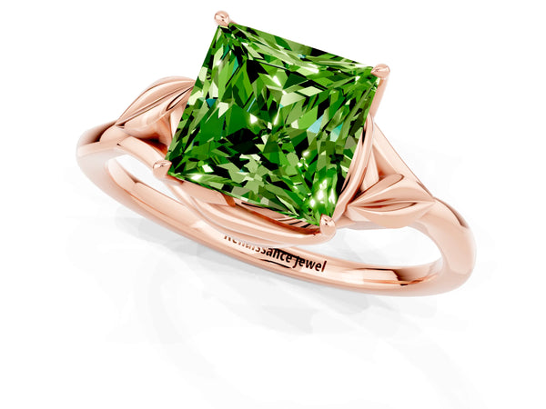 Rose gold Princess Cut Peridot Solitaire Ring with Twist Band and Four-Prong Setting