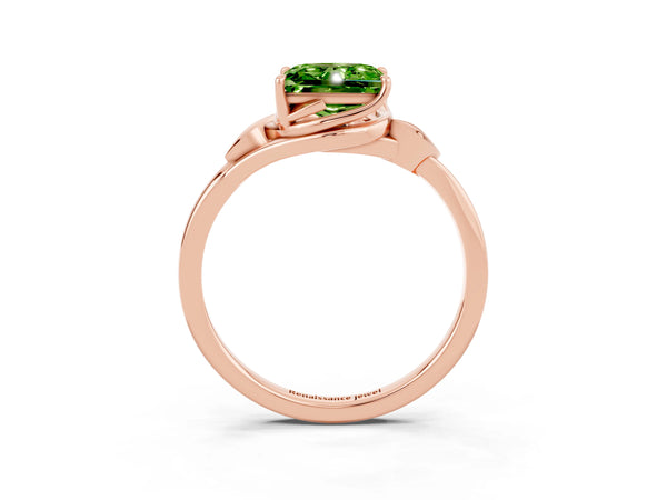 Rose gold Princess Cut Peridot Solitaire Ring with Twist Band and Four-Prong Setting