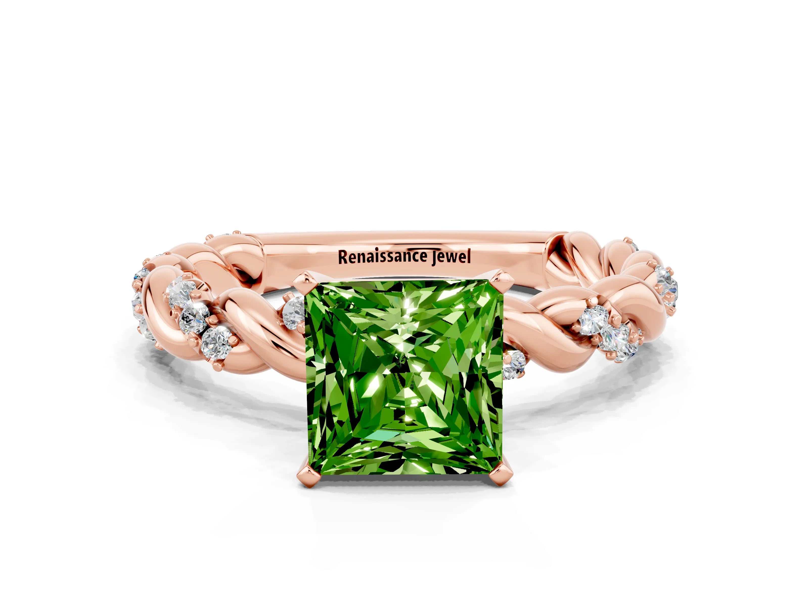 Rose gold Princess Cut Peridot Solitaire Ring with Twisted Band and Pavé Accents