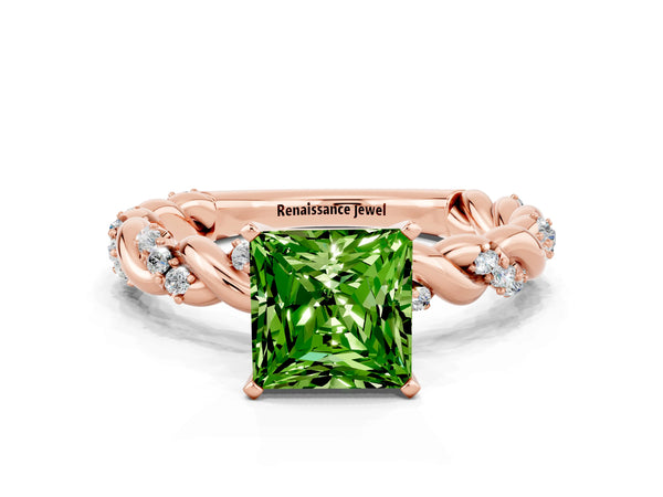 Rose gold Princess Cut Peridot Solitaire Ring with Twisted Band and Pavé Accents