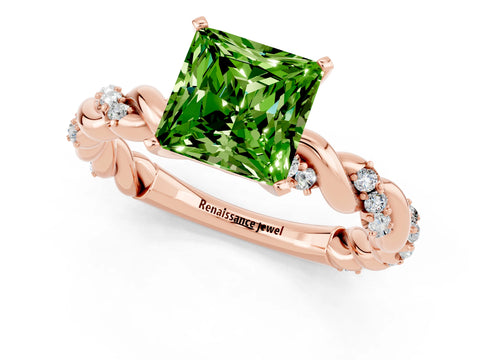 Rose gold Princess Cut Peridot Solitaire Ring with Twisted Band and Pavé Accents_1