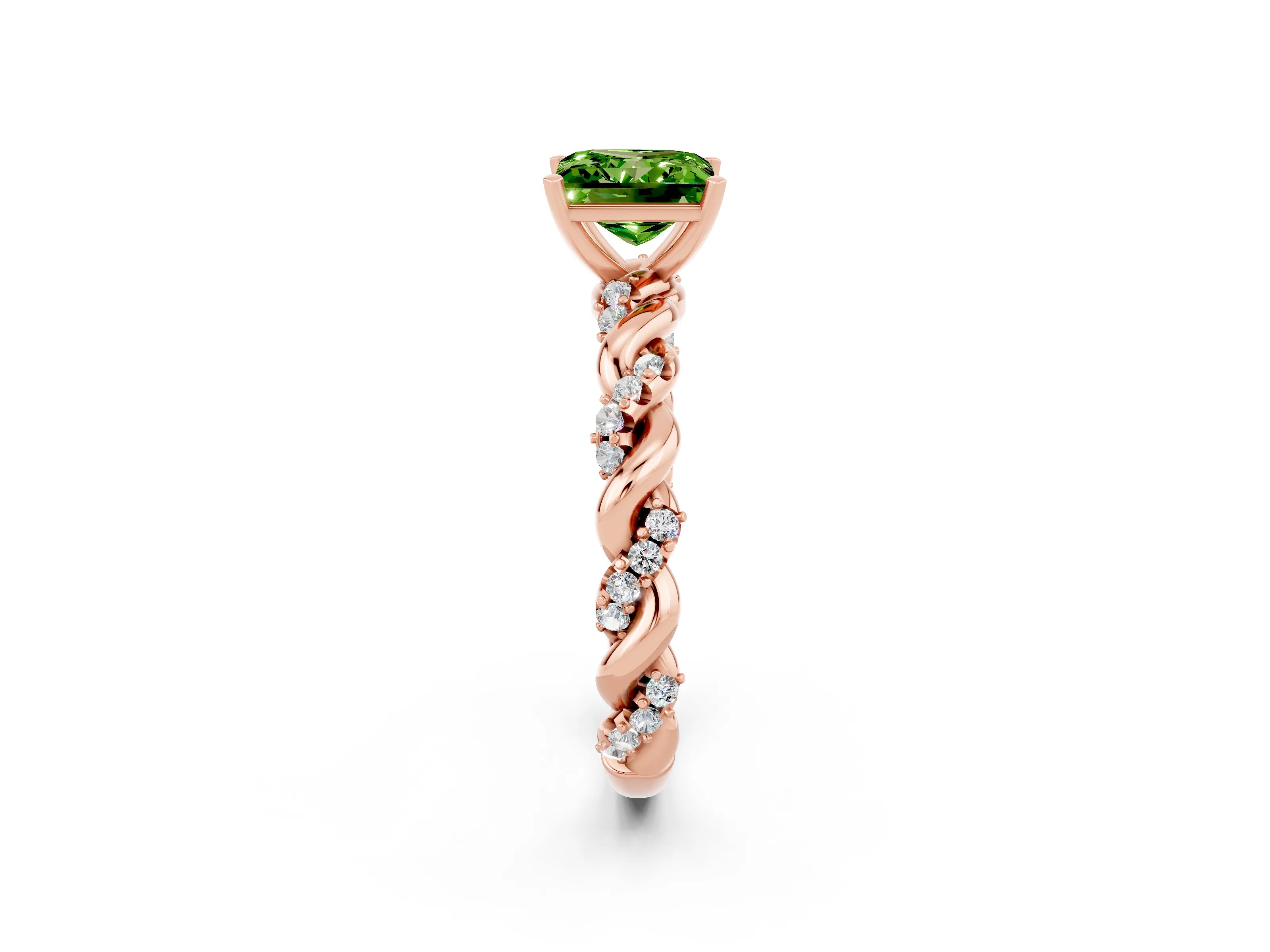 Rose gold Princess Cut Peridot Solitaire Ring with Twisted Band and Pavé Accents_2
