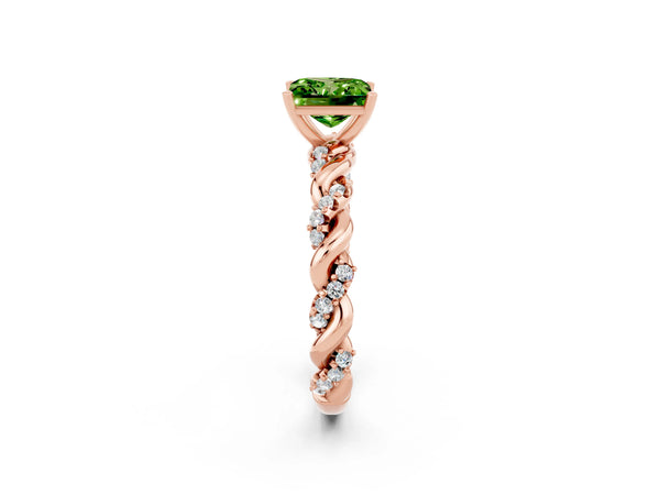 Rose gold Princess Cut Peridot Solitaire Ring with Twisted Band and Pavé Accents