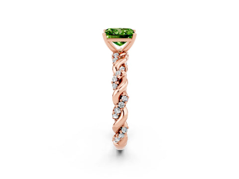 Rose gold Princess Cut Peridot Solitaire Ring with Twisted Band and Pavé Accents_2