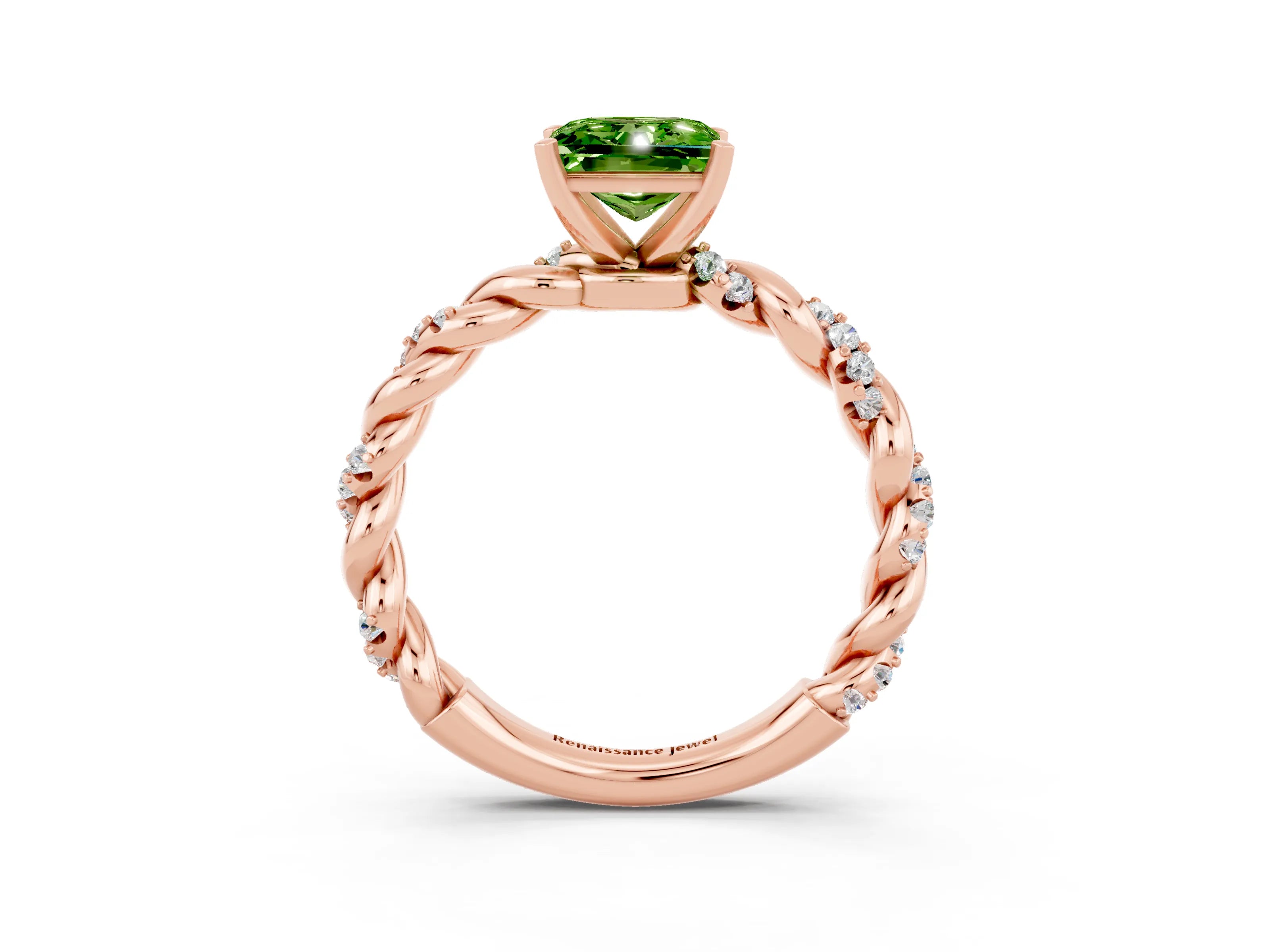 Rose gold Princess Cut Peridot Solitaire Ring with Twisted Band and Pavé Accents_3