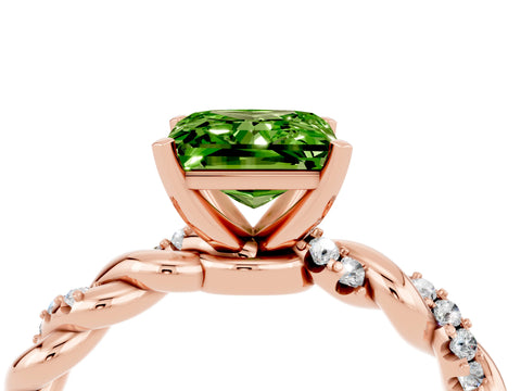 Rose gold Princess Cut Peridot Solitaire Ring with Twisted Band and Pavé Accents_4