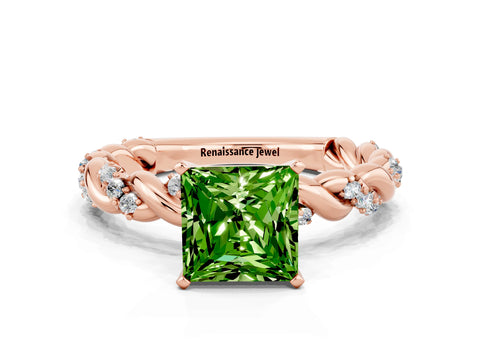 Rose gold Princess Cut Peridot Solitaire Ring with Twisted Band and Pavé Accents