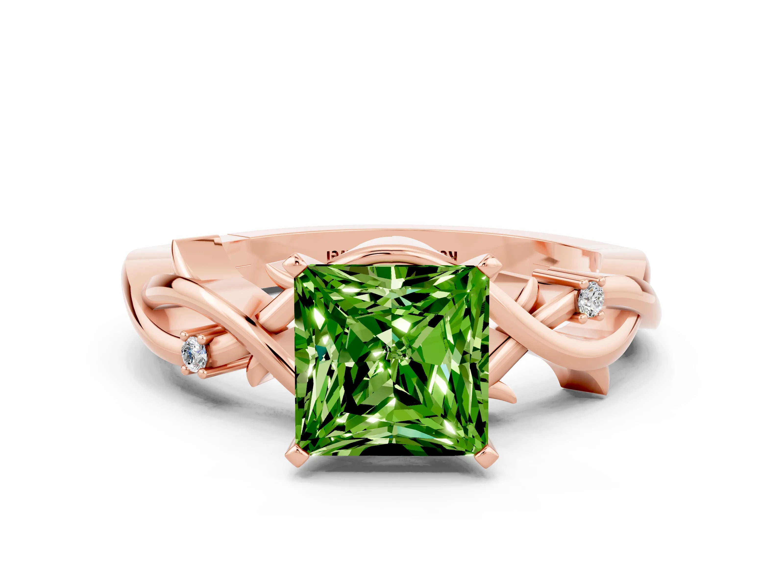 Rose gold Princess Cut Peridot Solitaire Ring with Twisted Band and Prong Setting