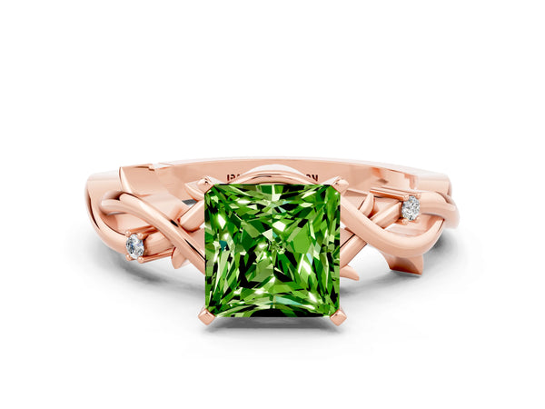 Rose gold Princess Cut Peridot Solitaire Ring with Twisted Band and Prong Setting