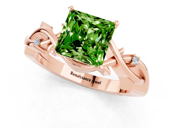 Rose gold Princess Cut Peridot Solitaire Ring with Twisted Band and Prong Setting