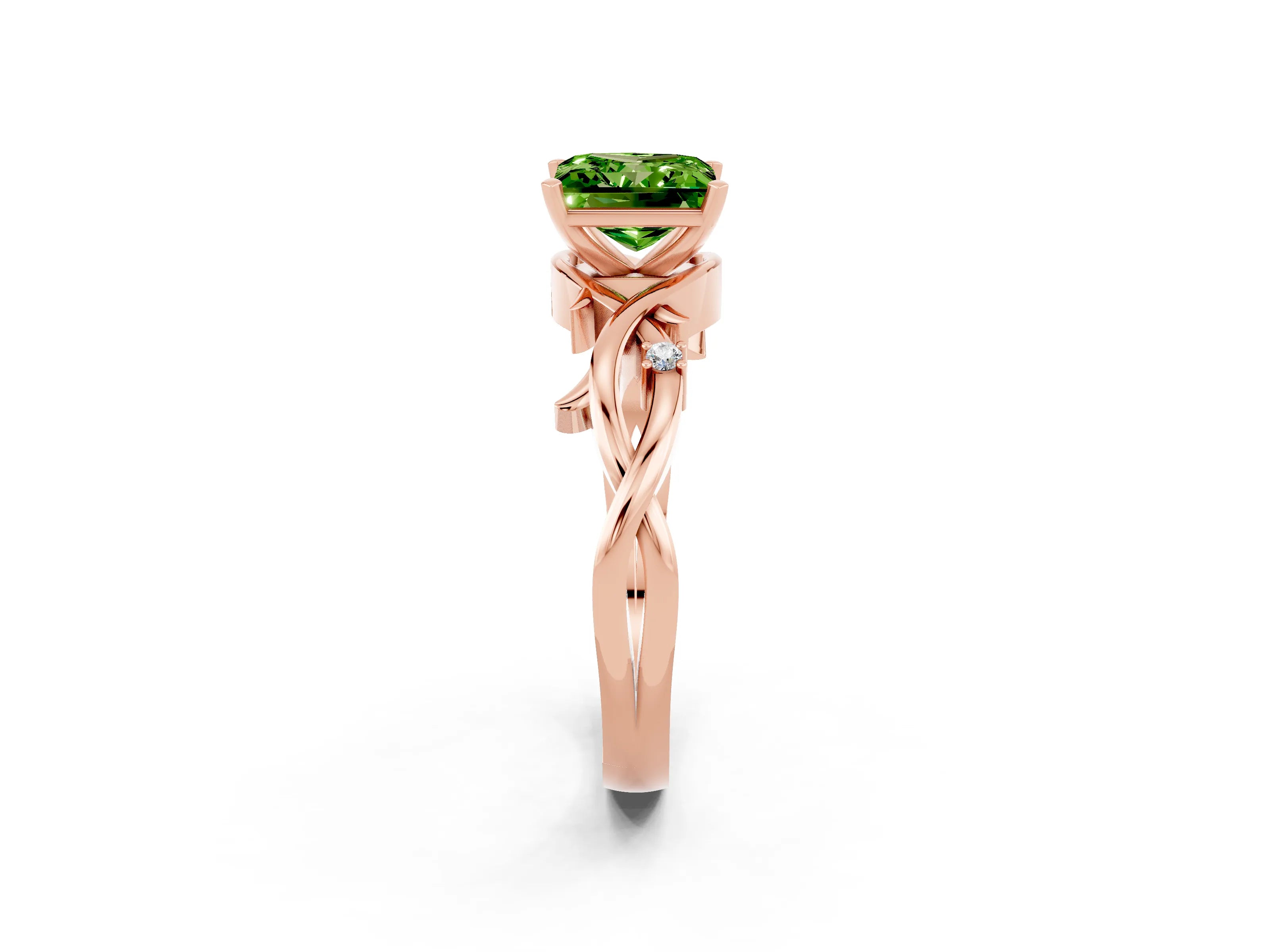 Rose gold Princess Cut Peridot Solitaire Ring with Twisted Band and Prong Setting_2