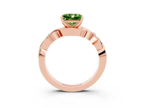 Rose gold Princess Cut Peridot Solitaire Ring with Twisted Band and Prong Setting