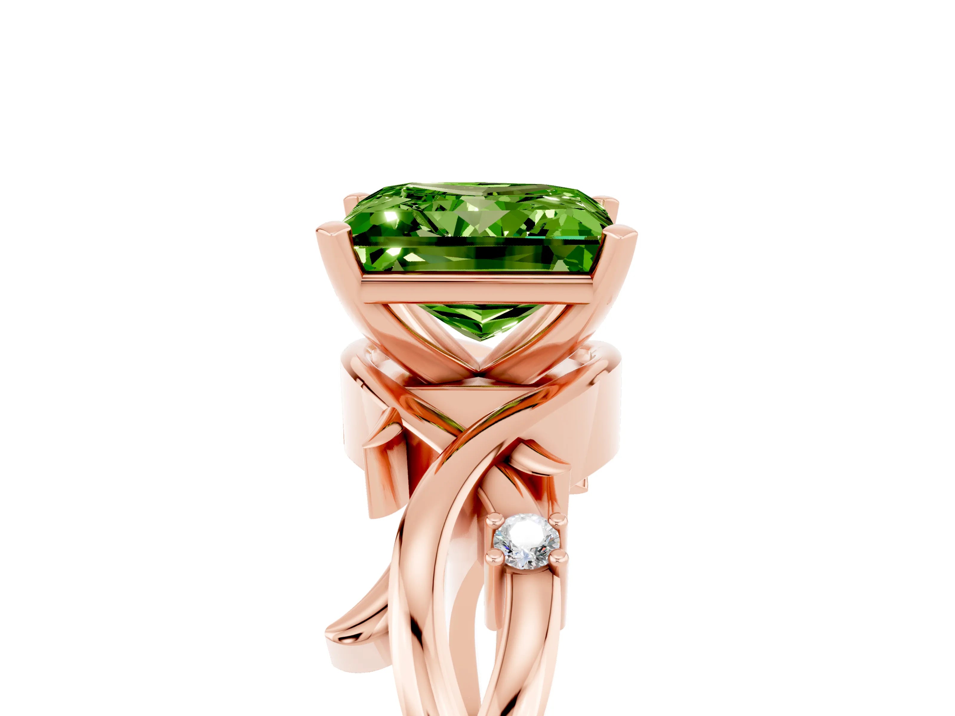 Rose gold Princess Cut Peridot Solitaire Ring with Twisted Band and Prong Setting_5