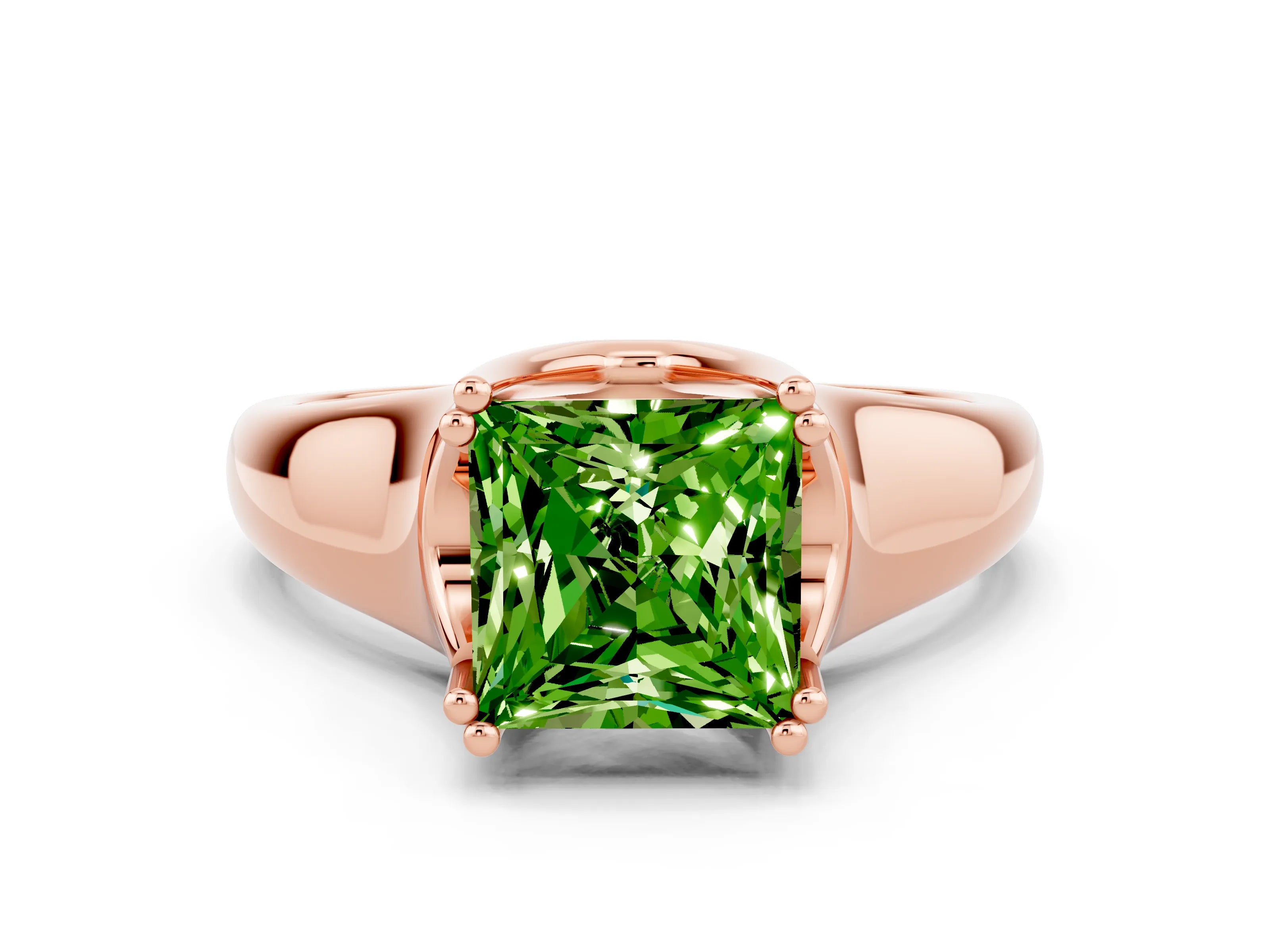 Rose gold Princess Cut Peridot Solitaire Ring with Wide Band and Prong Setting