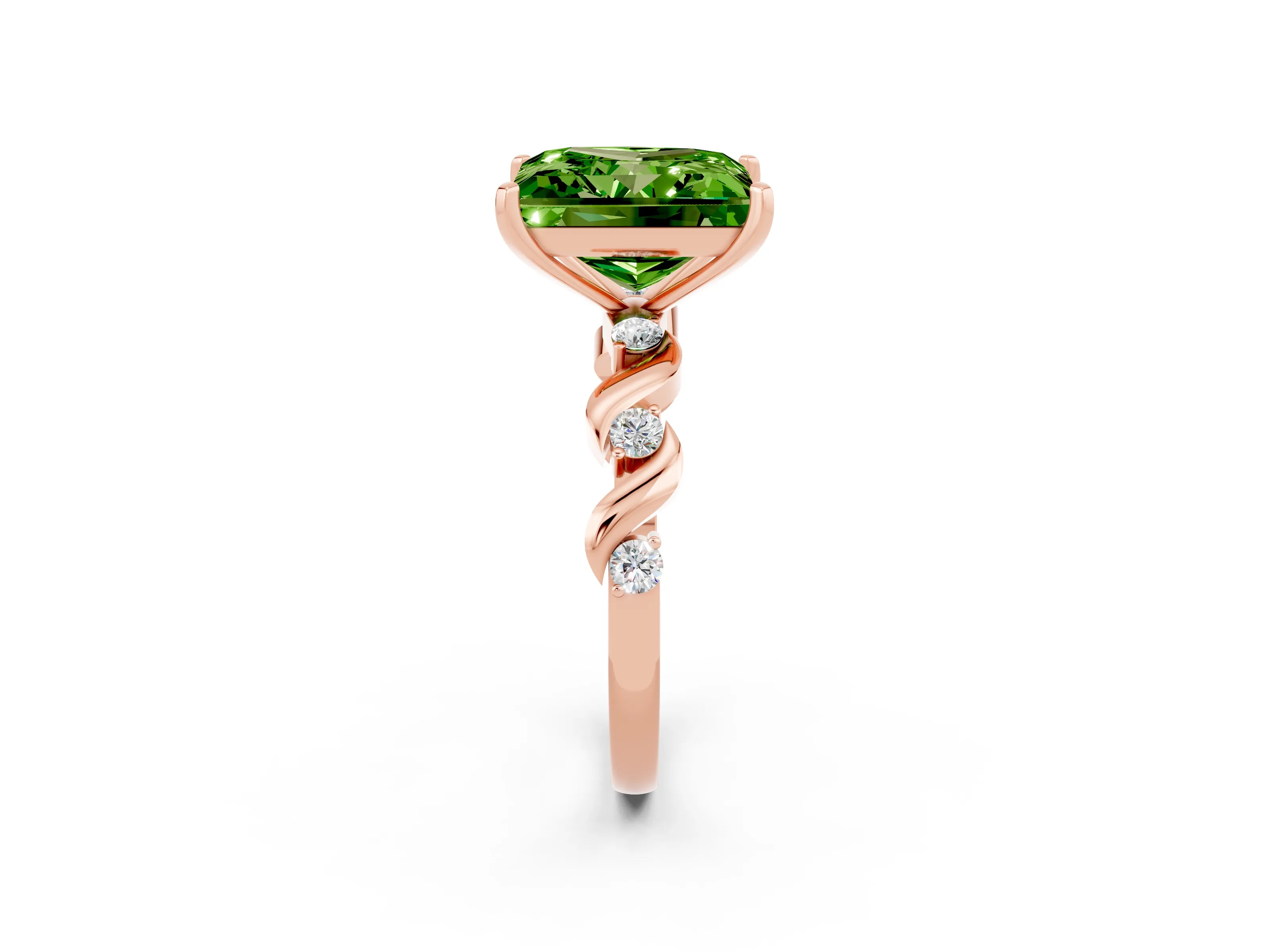 Rose gold Princess Cut Peridot Solitaire Twisted Band with Round  Accents and Prong Setting_14