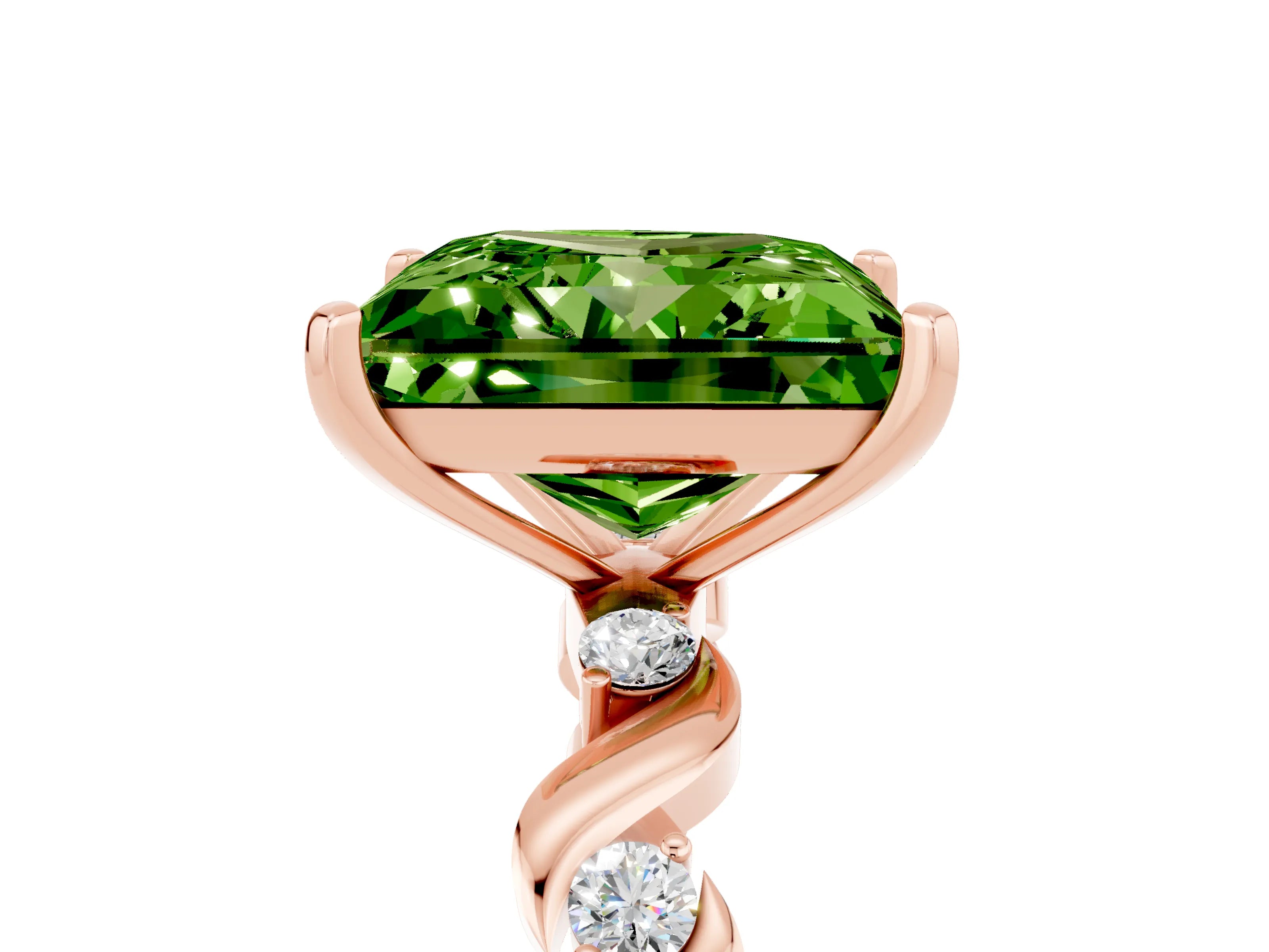 Rose gold Princess Cut Peridot Solitaire Twisted Band with Round  Accents and Prong Setting_17