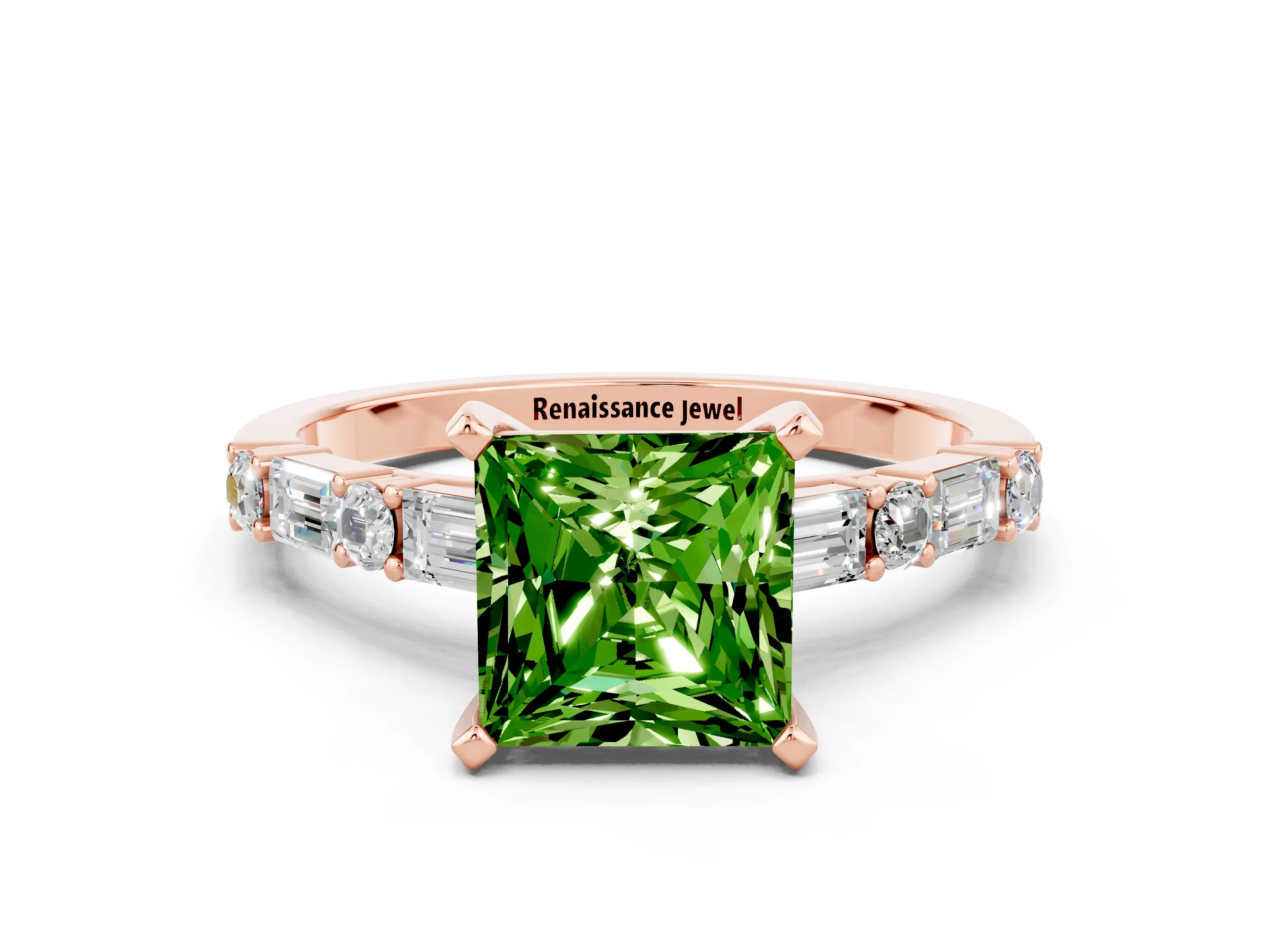 Rose gold Princess Cut Peridot Solitaire with Side Baguettes and Channel Set Band