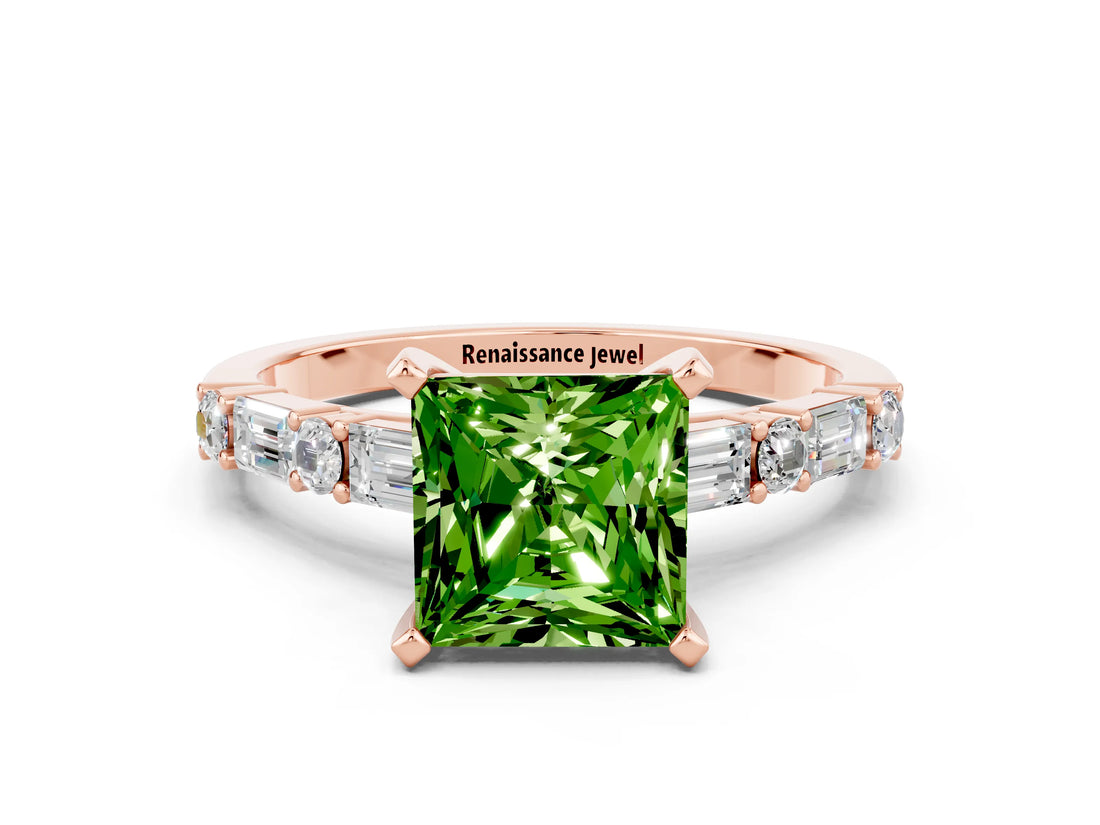 Rose gold Princess Cut Peridot Solitaire with Side Baguettes and Channel Set Band