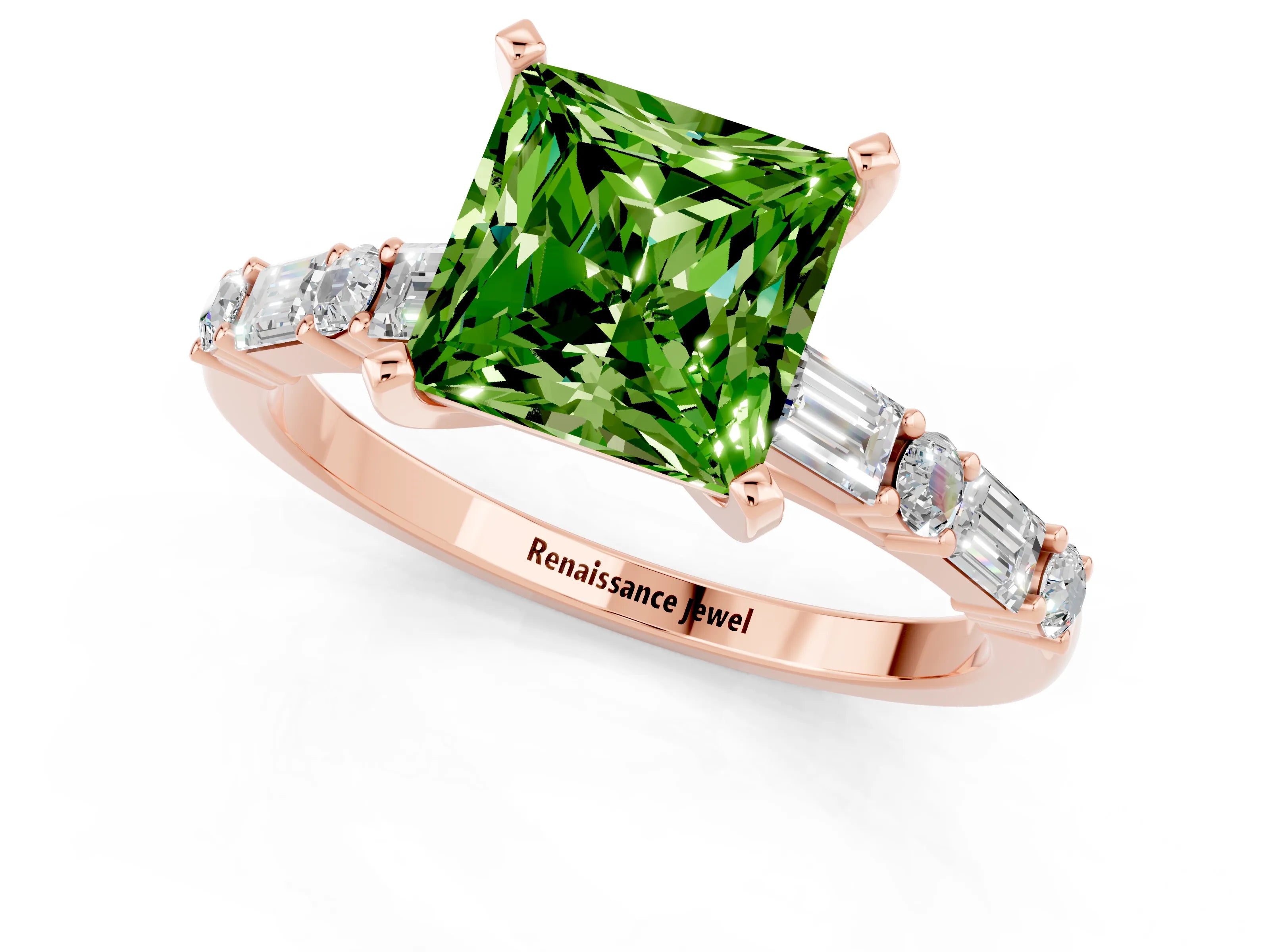 Rose gold Princess Cut Peridot Solitaire with Side Baguettes and Channel Set Band_1