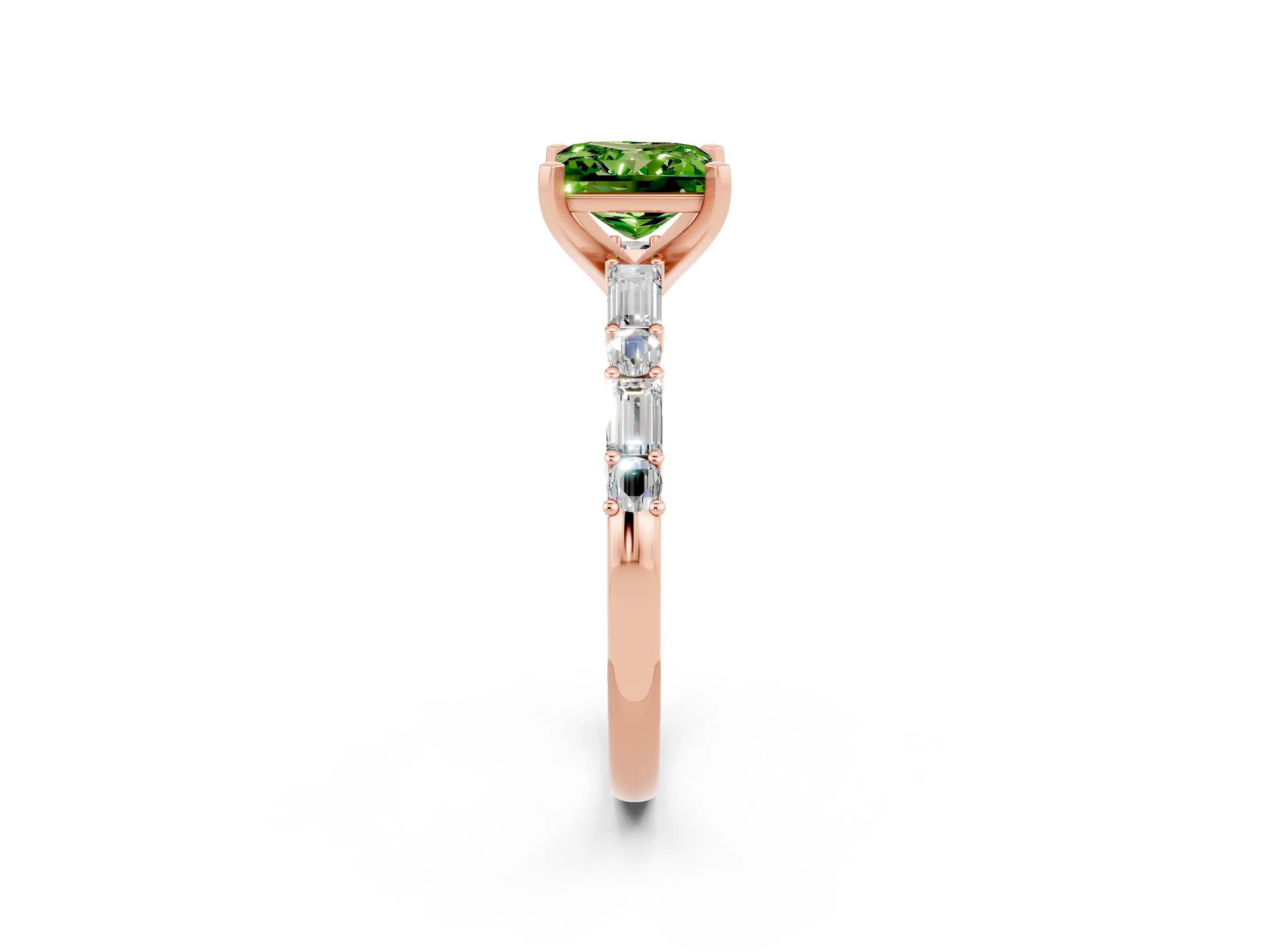 Rose gold Princess Cut Peridot Solitaire with Side Baguettes and Channel Set Band_2