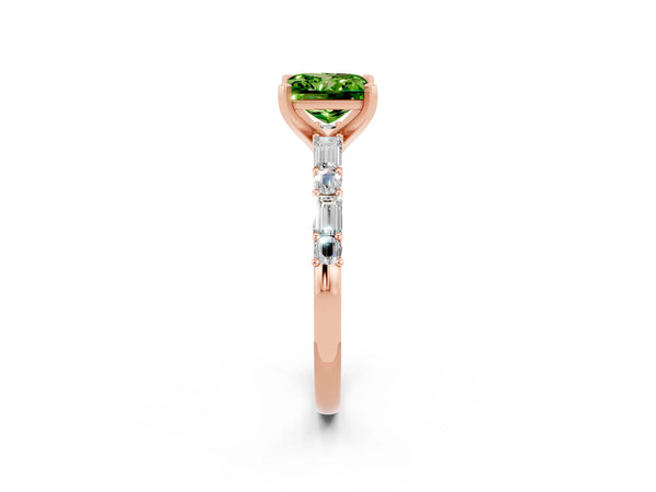 Rose gold Princess Cut Peridot Solitaire with Side Baguettes and Channel Set Band