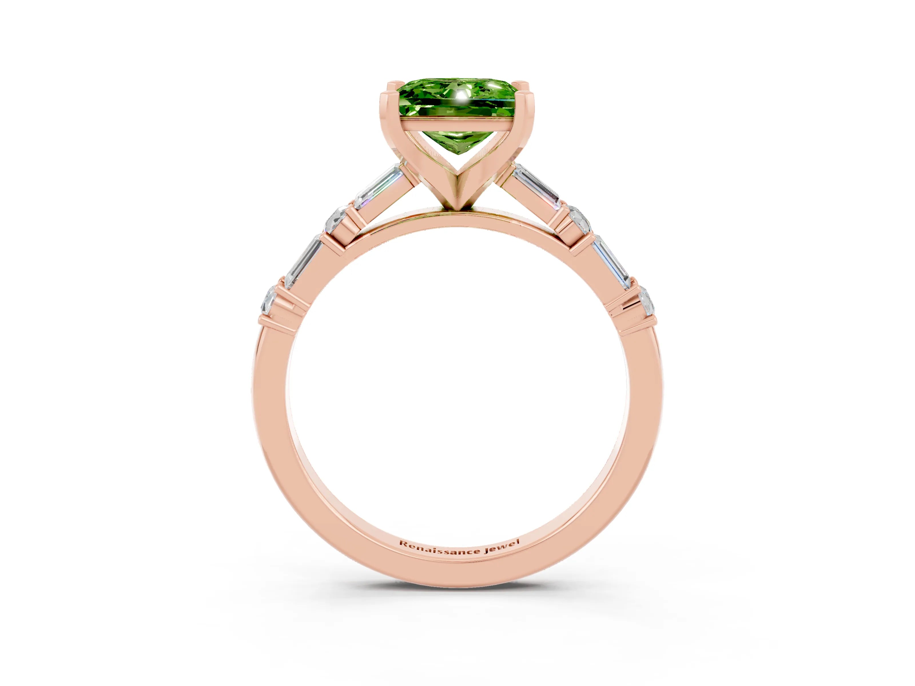Rose gold Princess Cut Peridot Solitaire with Side Baguettes and Channel Set Band_3