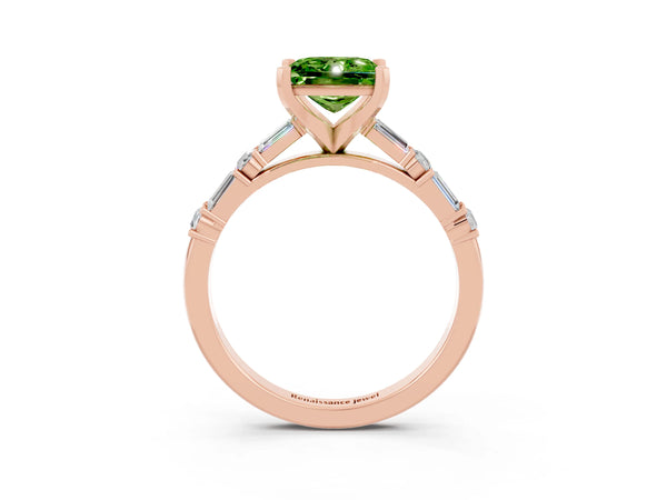 Rose gold Princess Cut Peridot Solitaire with Side Baguettes and Channel Set Band