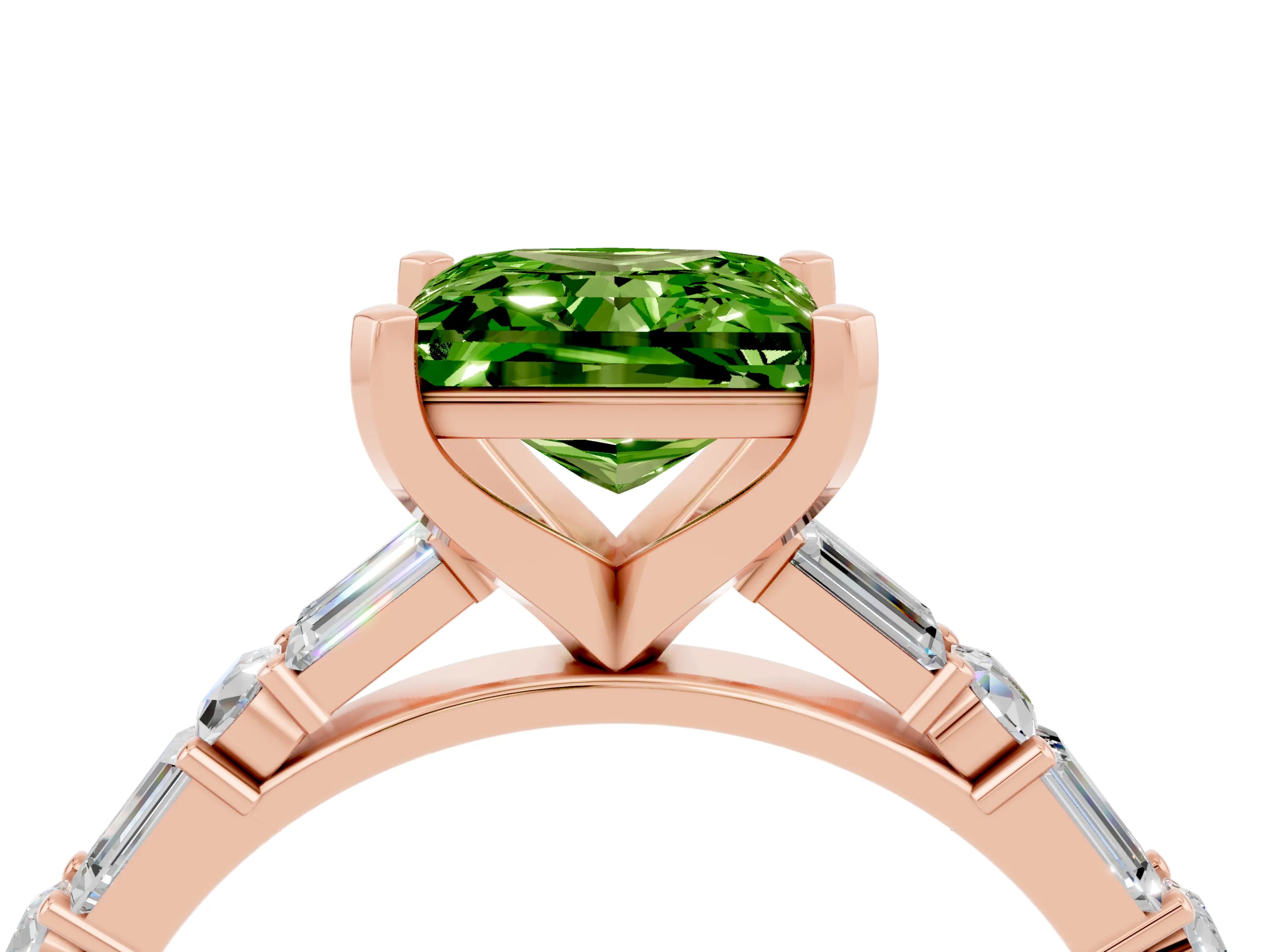 Rose gold Princess Cut Peridot Solitaire with Side Baguettes and Channel Set Band_4
