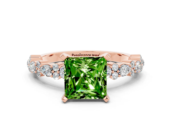 Rose gold Princess Cut Peridot Side Stone Solitaire Ring with Round  and Four-Prong Setting