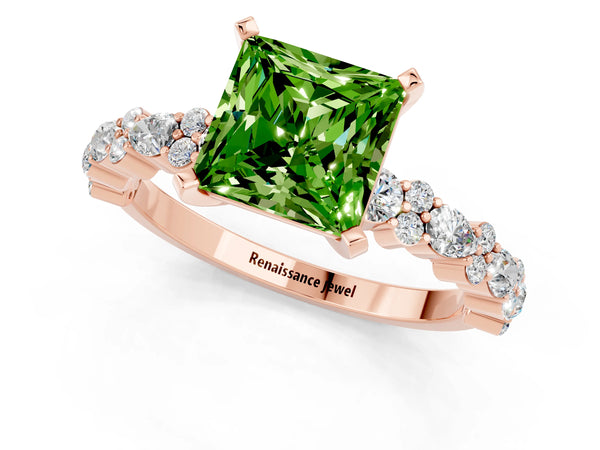 Rose gold Princess Cut Peridot Side Stone Solitaire Ring with Round  and Four-Prong Setting